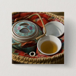China, Hong Kong. Traditional Chinese teapot & 3 15 Cm Square Badge