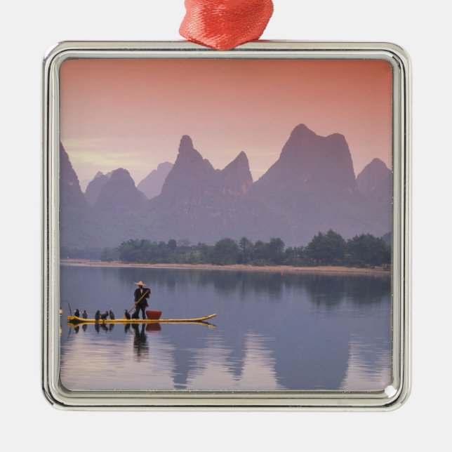 China, Li River. Single cormorant fisherman. Metal Tree Decoration (Front)
