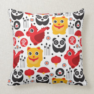 China lucky cat, dragon, and panda cushion