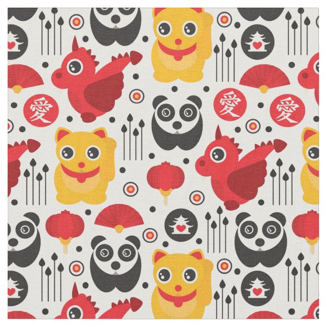 China lucky cat, dragon, and panda fabric (Close Up)
