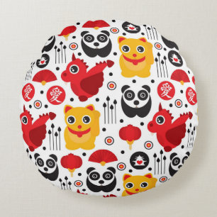 China lucky cat, dragon, and panda round cushion