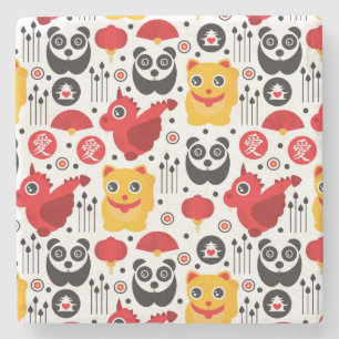 China lucky cat, dragon, and panda stone coaster