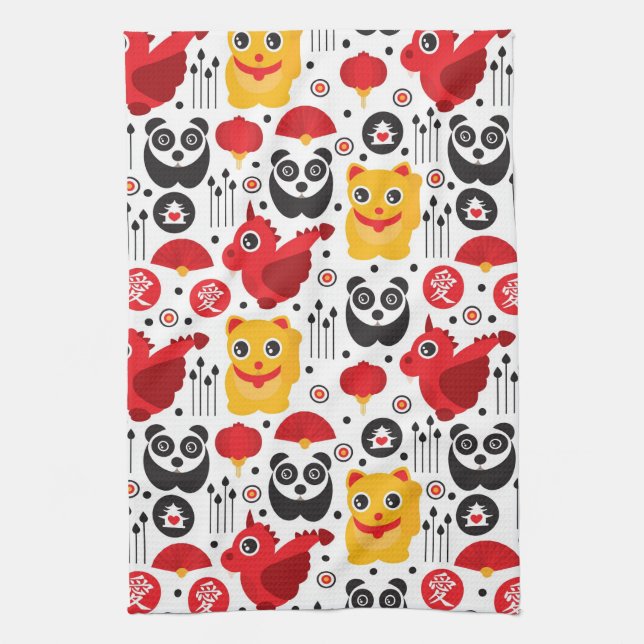 China lucky cat, dragon, and panda tea towel (Vertical)