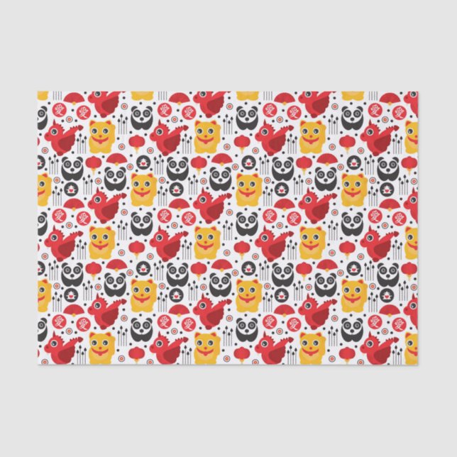 China lucky cat, dragon, and panda tissue paper (Front)