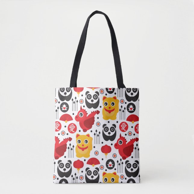 China lucky cat, dragon, and panda tote bag (Front)