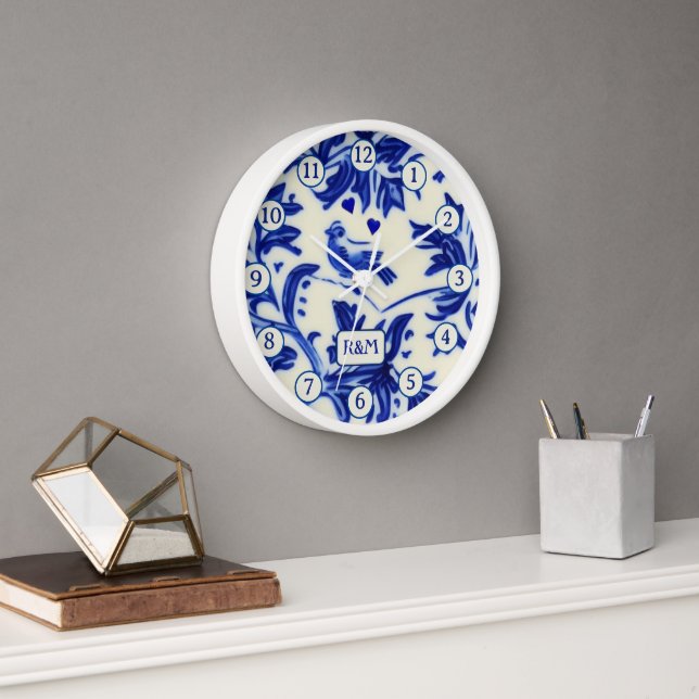 China Plate Painting - Singing Bird - Blue & Cream Clock (Office)