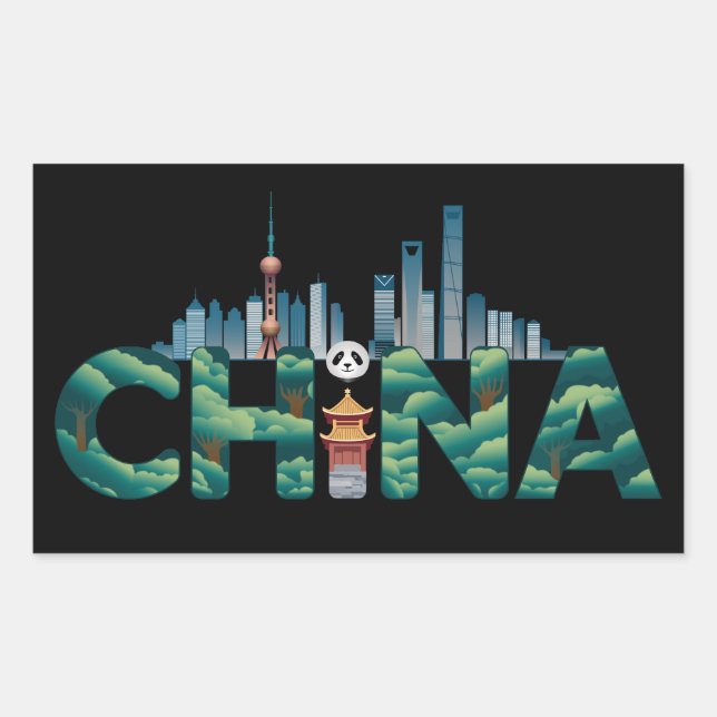 China Shanghai Temple Panda Rectangular Sticker (Front)