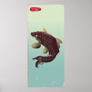 China vintage style Koi carp travel poster .