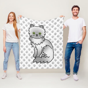Chinchilla Grey Persian Cute Cartoon Cat & Paws Fleece Blanket