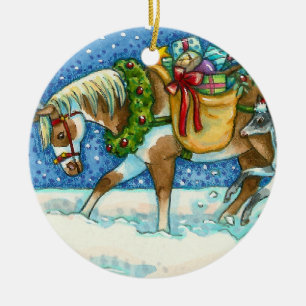 CHINCOTEAGUE CHRISTMAS PONIES, SLEIGH BELLS & TOYS CERAMIC ORNAMENT