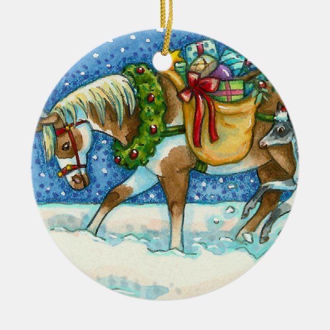 CHINCOTEAGUE CHRISTMAS PONIES, SLEIGH BELLS & TOYS CERAMIC ORNAMENT (Front)