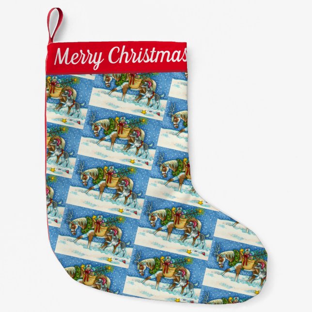 CHINCOTEAGUE CHRISTMAS PONIES, SLEIGH BELLS & TOYS SMALL CHRISTMAS STOCKING (Front)