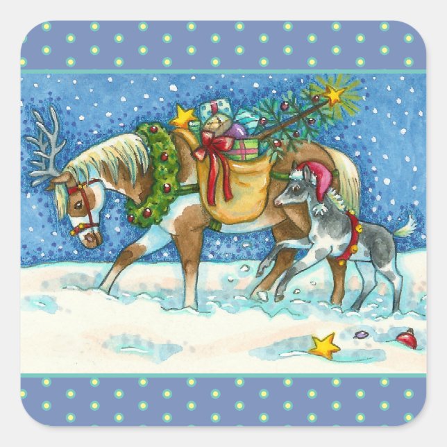 CHINCOTEAGUE CHRISTMAS PONIES, SLEIGH BELLS & TOYS SQUARE STICKER (Front)
