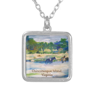 Chincoteague Island Horse Painting Silver Plated Necklace
