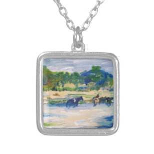 Chincoteague Island Horse Painting Silver Plated Necklace