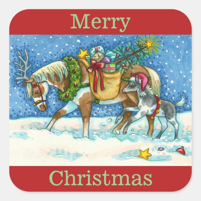 CHINCOTEAGUE PONIES & HOLIDAY WISHES, CHRISTMAS SQUARE STICKER (Front)