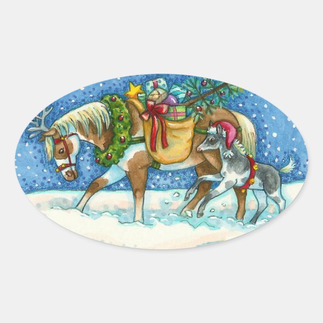CHINCOTEAGUE PONIES & HOLIDAY WISHES HORSE OVAL STICKER (Front)
