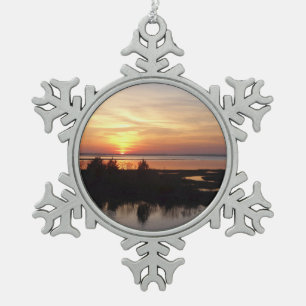 Chincoteague Sunset II Virginia Landscape Snowflake Pewter Christmas Ornament