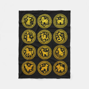 Chinese 12 Animals Zodiac Signs Happy Lunar New Ye Fleece Blanket