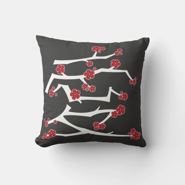 Chinese Ai Love Cherry Blossoms Red Sakura Wedding Cushion (Front)