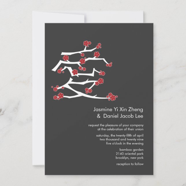 Chinese Ai Love Cherry Blossoms Red Sakura Wedding Invitation (Front)