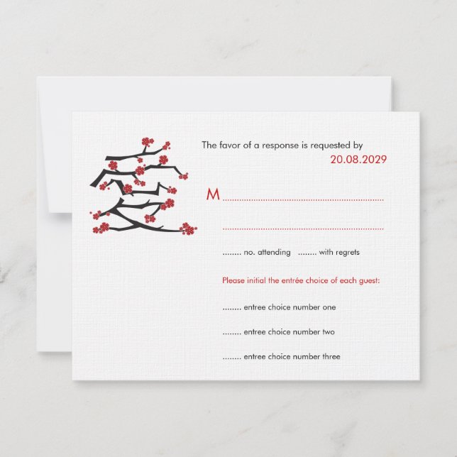 Chinese Ai Love Cherry Blossoms Red Sakura Wedding RSVP Card (Front)