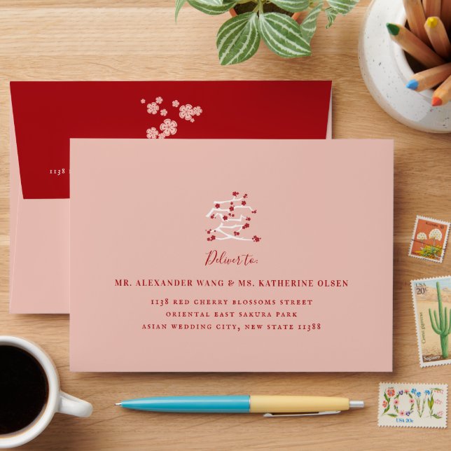 Chinese Ai Love Red Cherry Blossoms Engagement Env Envelope (Desk)