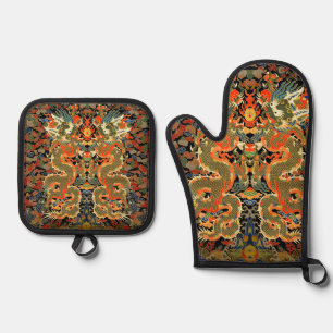 Chinese Asian Dragon Colourful Art Oven Mitt & Pot Holder Set