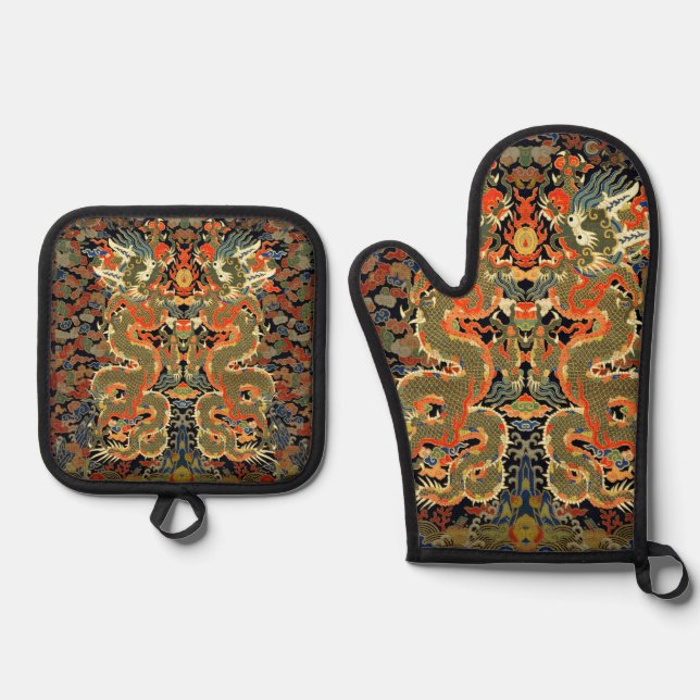 Chinese Asian Dragon Colourful Art Oven Mitt & Pot Holder Set (Front)