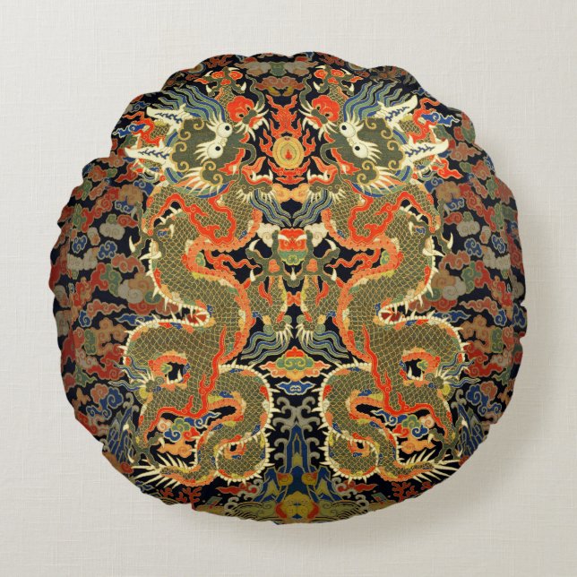 Chinese Asian Dragon Colourful Art Round Cushion (Front)