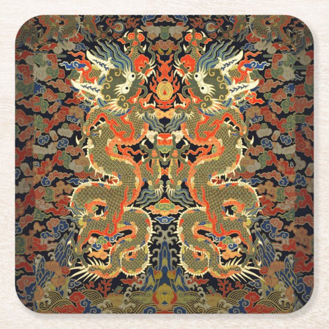 Chinese Asian Dragon Colourful Art Square Paper Coaster (Front)