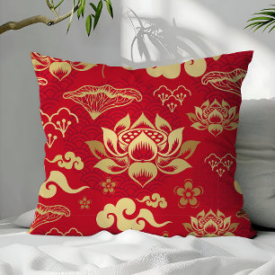 Chinese Asian Oriental Red Gold Lotus Pattern Cushion