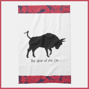 Chinese Astrology Year of the Ox Black and Red Tea Towel