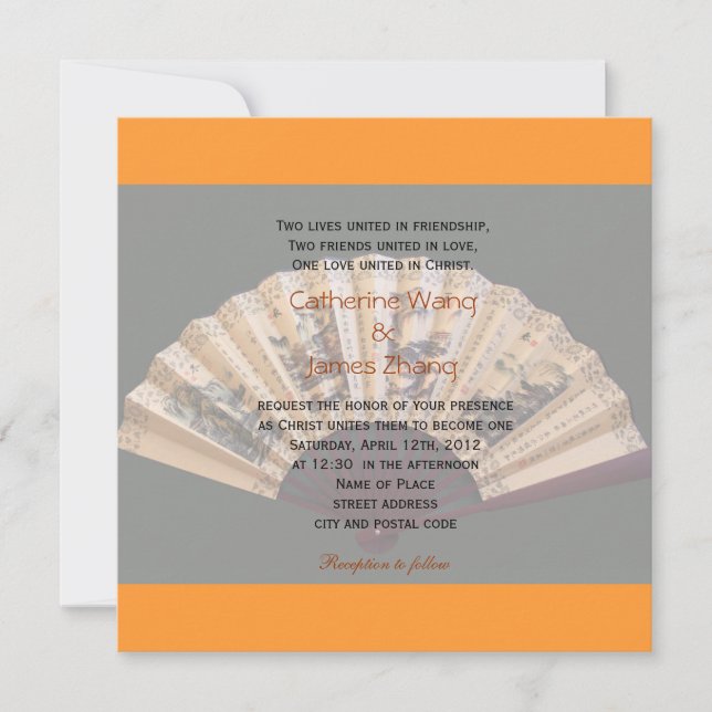 Chinese bamboo and silk fan Christian wedding Invitation (Front)