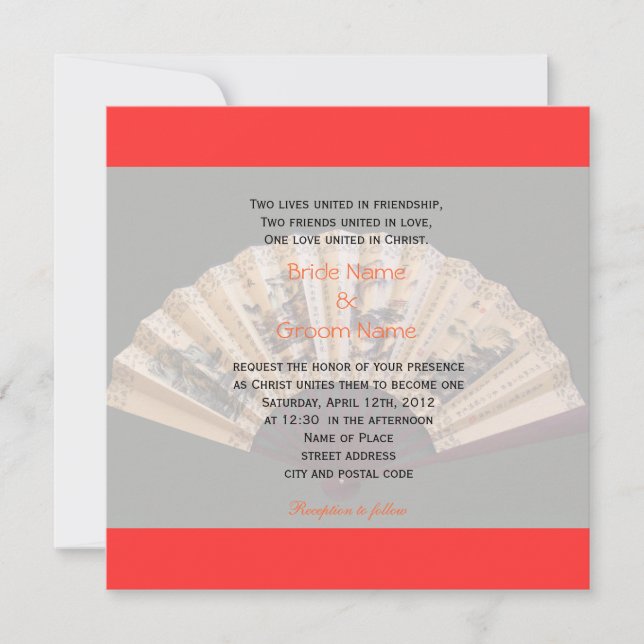 Chinese bamboo and silk fan Christian wedding Invitation (Front)