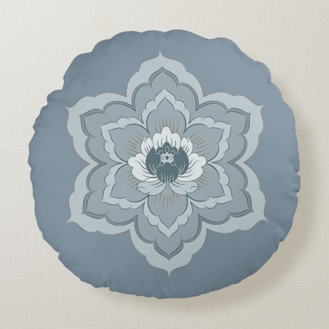 Chinese Baoxiang Flower in Misty Blue & Ink Jade Round Cushion (Front)