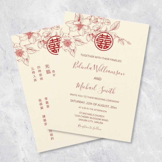 Chinese Bilingual | Magnolia Cream Chinese Wedding Invitation (Creator Uploaded)