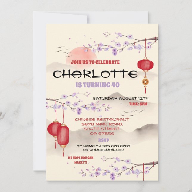 Chinese Birthday Party Restaurant Take Away Asian Invitation (Front)