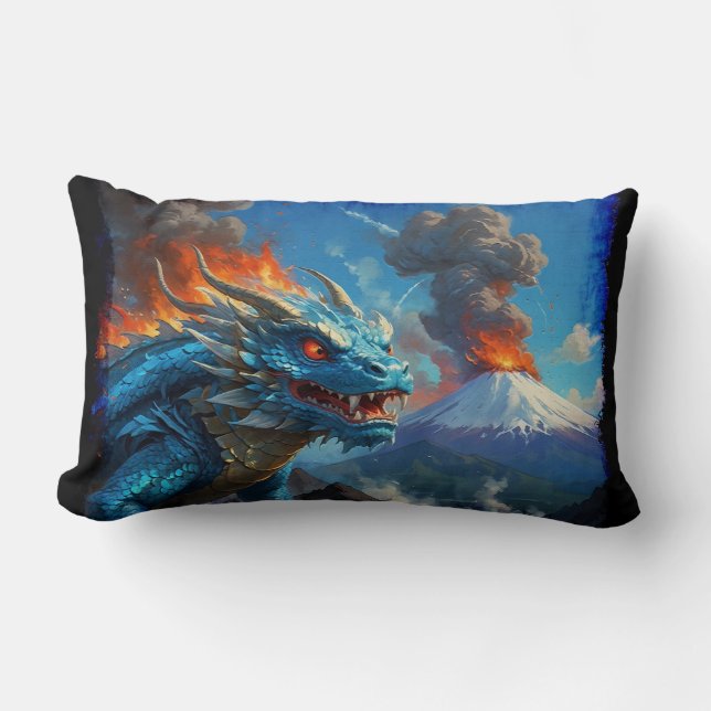 Chinese Blue Dragon and Volcano Lumbar Cushion (Front)
