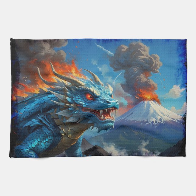 Chinese Blue Dragon and Volcano Tea Towel (Horizontal)