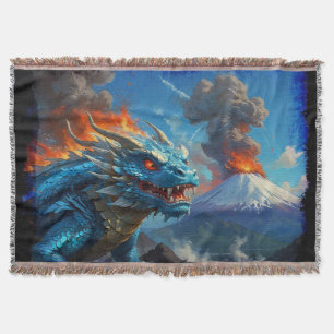 Chinese Blue Dragon and Volcano Throw Blanket