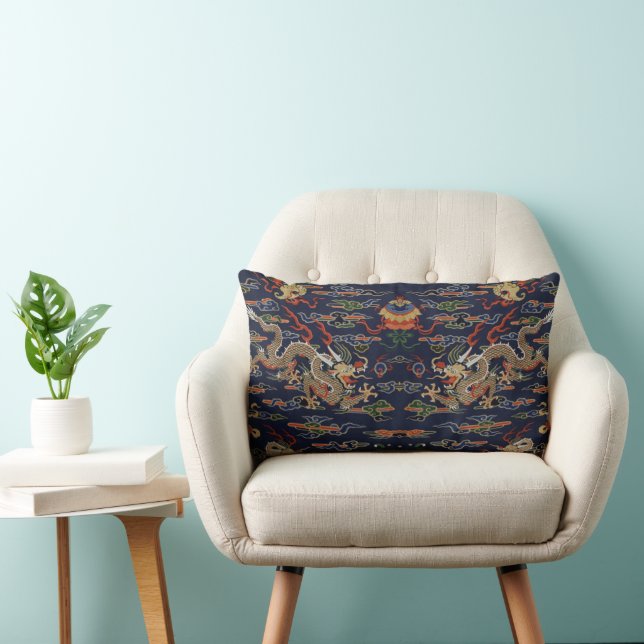 Chinese Blue Kesi Dragon Tapestry Lumbar Cushion (Chair)