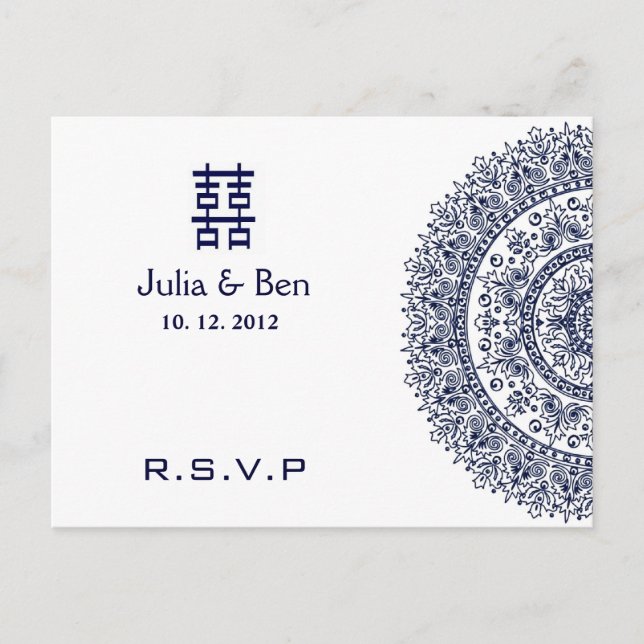 Chinese Blue White Porcelain Double Happiness RSVP Invitation Postcard (Front)