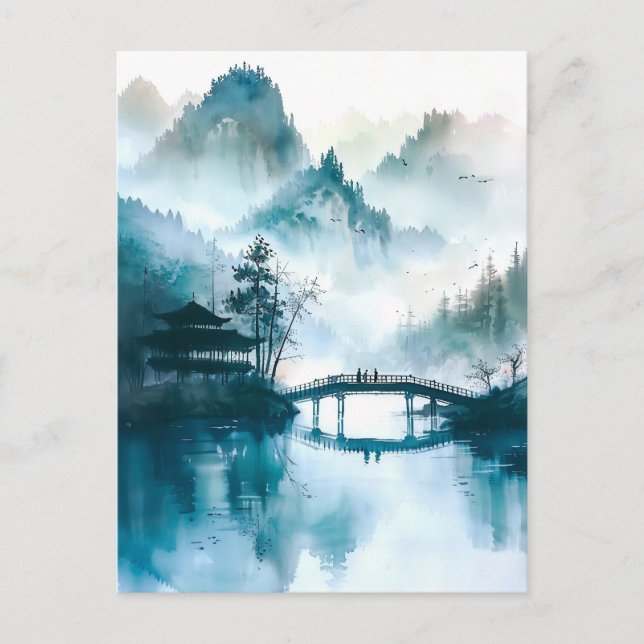 Chinese Bridge in Watercolor at mountain landscape Postcard (Front)