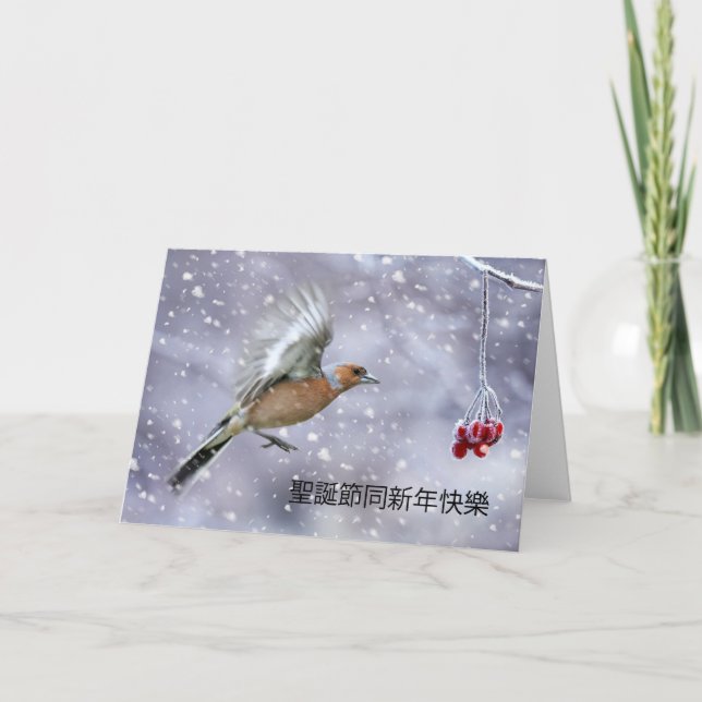 Chinese Christmas Card With Chaffinch Winter Scene (Front)