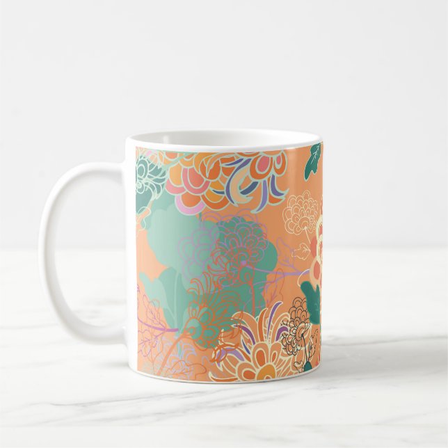 Chinese chrysanthemum: floral orange pattern. coffee mug (Left)