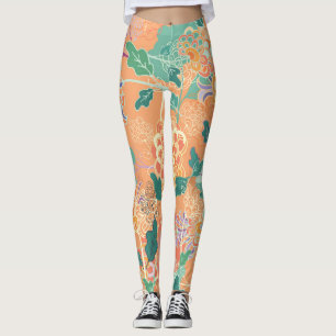 Chinese chrysanthemum: floral orange pattern. leggings