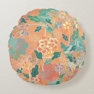 Chinese chrysanthemum: floral orange pattern. round cushion