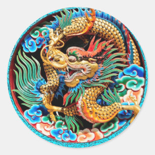 Chinese Colourful Dragon Lotus Flower Art  Classic Round Sticker