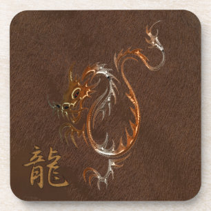 Chinese Copper Dragon on Faux Leather Coaster